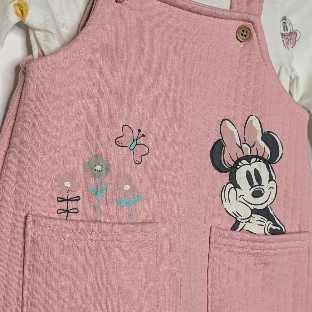 Disney Baby Pink White Minnie Mouse Overall Onesie Set 12Mo